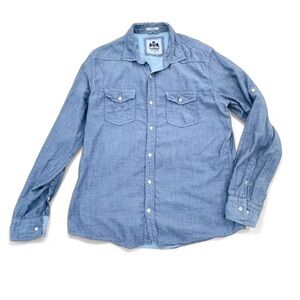 Mens‎ Express Denim Blue Long Sleeve Button Up L Two Pocket Jean Shirt